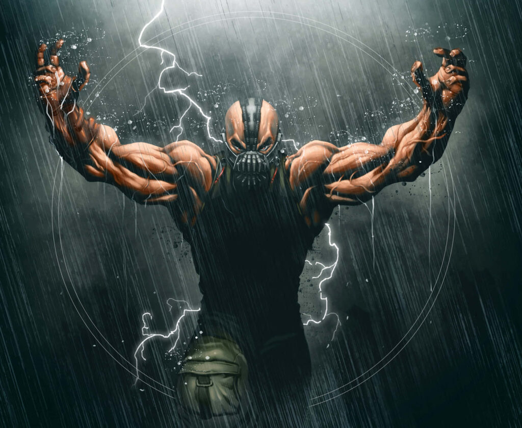 Bane from DC Comics standing in rain with lightning showcasing muscular build and menacing presence Wallpaper
