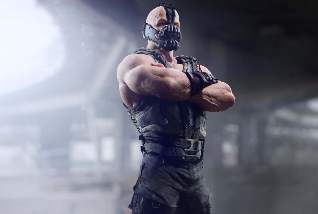 Bane from DC Comics standing confidently arms crossed muscular build signature mask wallpaper