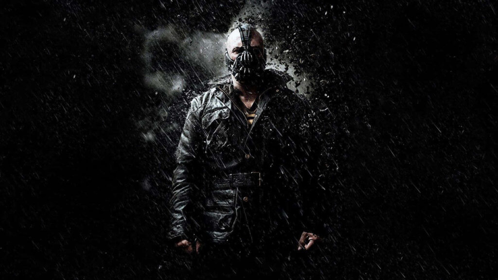 Bane in rain wearing iconic mask and heavy coat dark menacing DC Comics wallpaper background