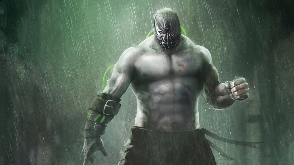 Bane stands in rain with tense muscles and menacing mask DC Comics intense wallpaper background