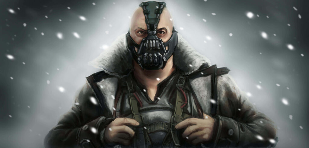 Bane from DC Comics in heavy winter coat and mask standing in snowy landscape wallpaper background