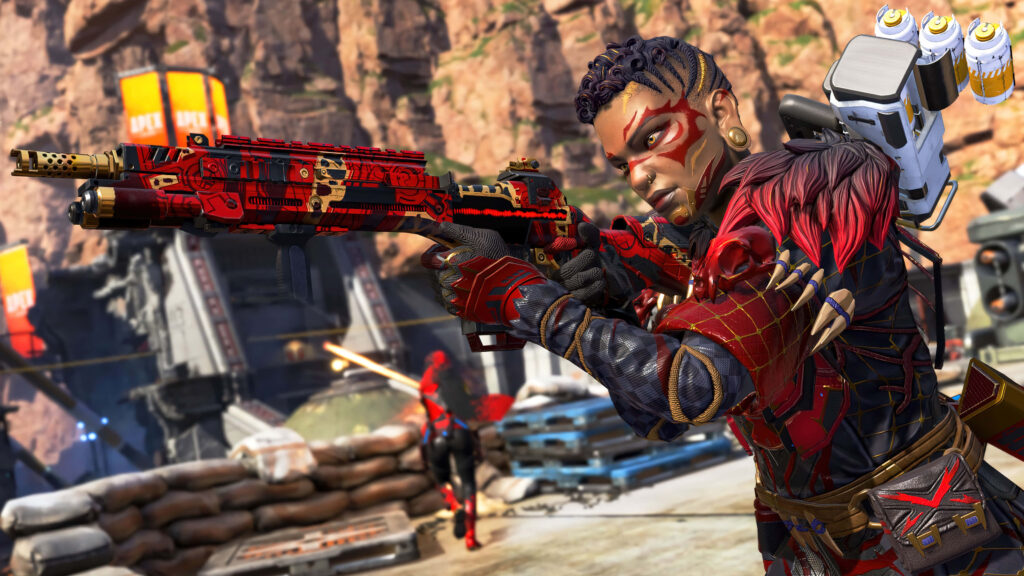 Bangalore from Apex Legends aiming weapon in rugged canyon battlefield tactical action pose wallpaper