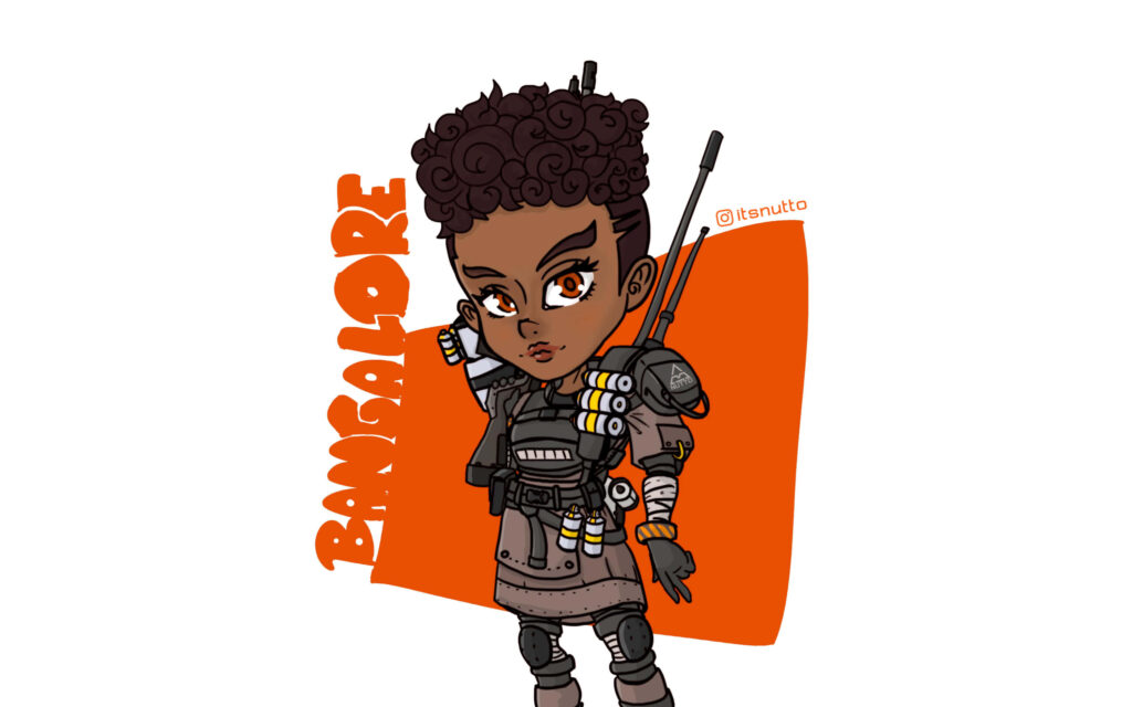 Chibi Bangalore Apex Legends wallpaper in tactical gear on bold orange background with vibrant name