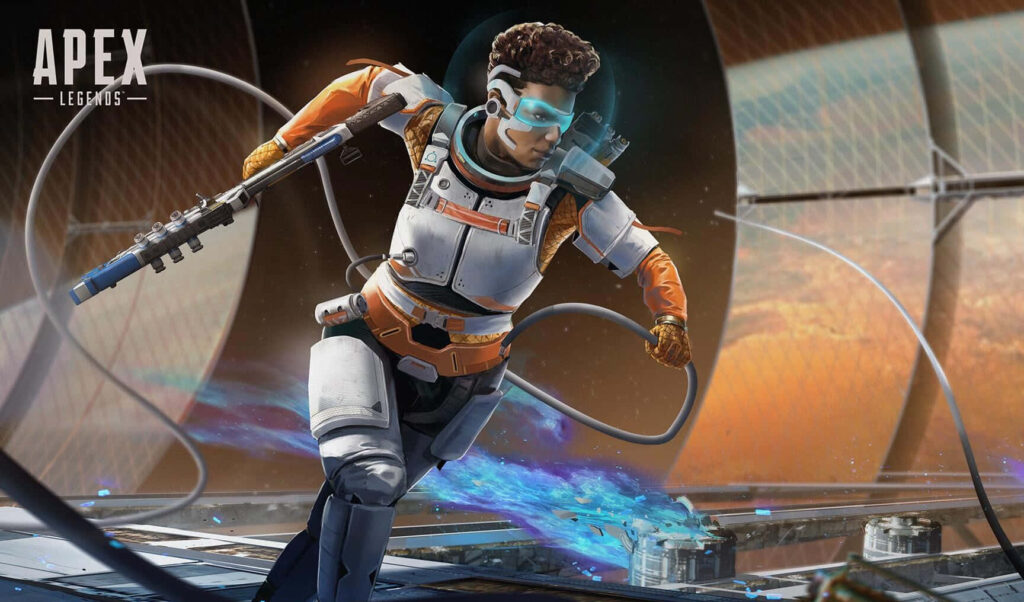 Bangalore in futuristic armor sprinting on high-tech space platform with vibrant cosmic background Wallpaper