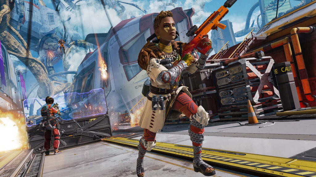 Bangalore from Apex Legends in tactical gear battling in vibrant action-packed game scene wallpaper
