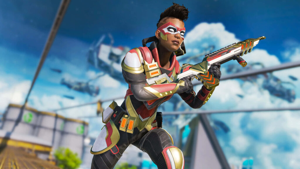 Bangalore in dynamic battle gear with vibrant futuristic sky Apex Legends wallpaper background