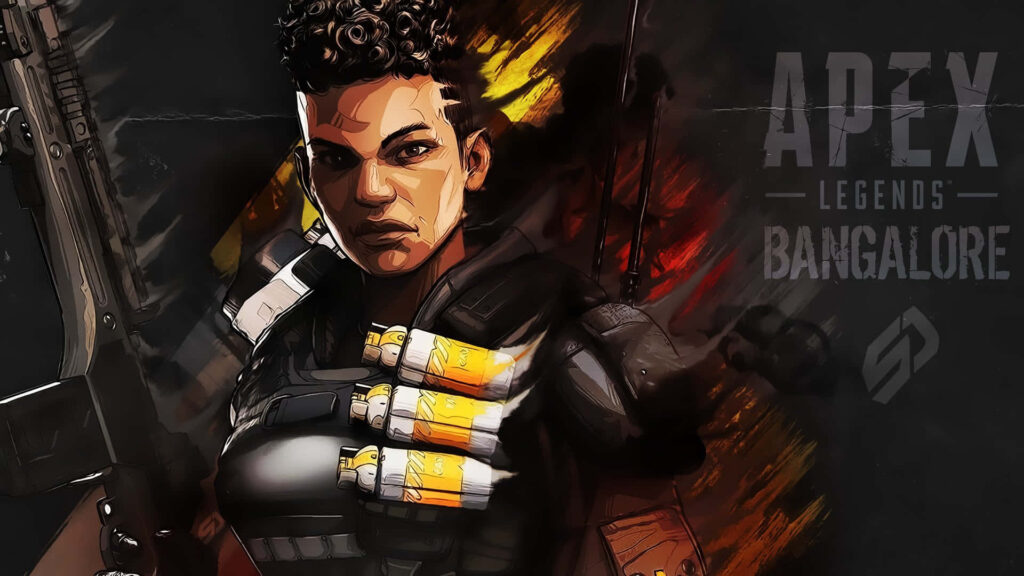Bangalore from Apex Legends in action pose with tactical gear and fiery background wallpaper