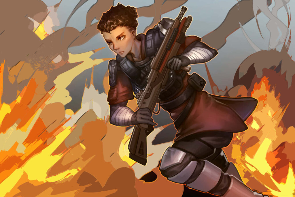 Bangalore from Apex Legends running with weapon through fiery battlefield and explosions wallpaper