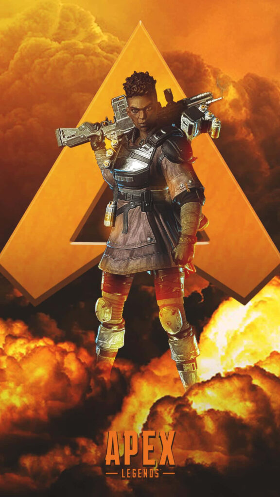Bangalore from Apex Legends poised for battle with fiery clouds and Apex Legends logo background Wallpaper