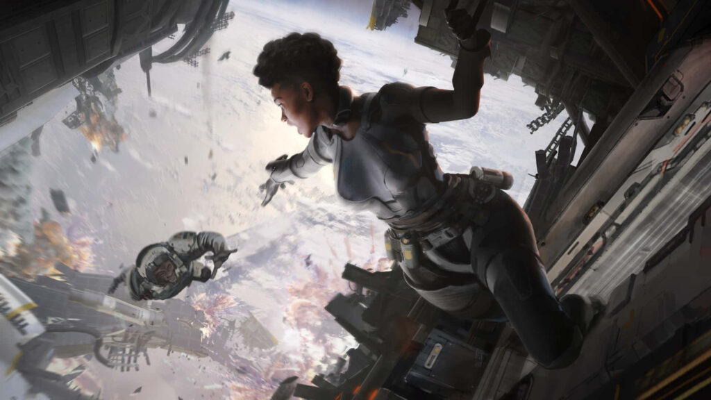 Bangalore from Apex Legends floating in zero gravity with explosion and debris background wallpaper