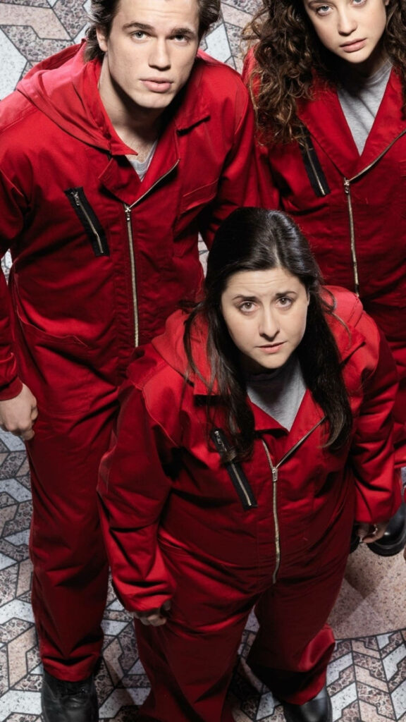 Captivating Bank Hostages donning Iconic Red Outfit: A Still from Money Heist TV Series Wallpaper