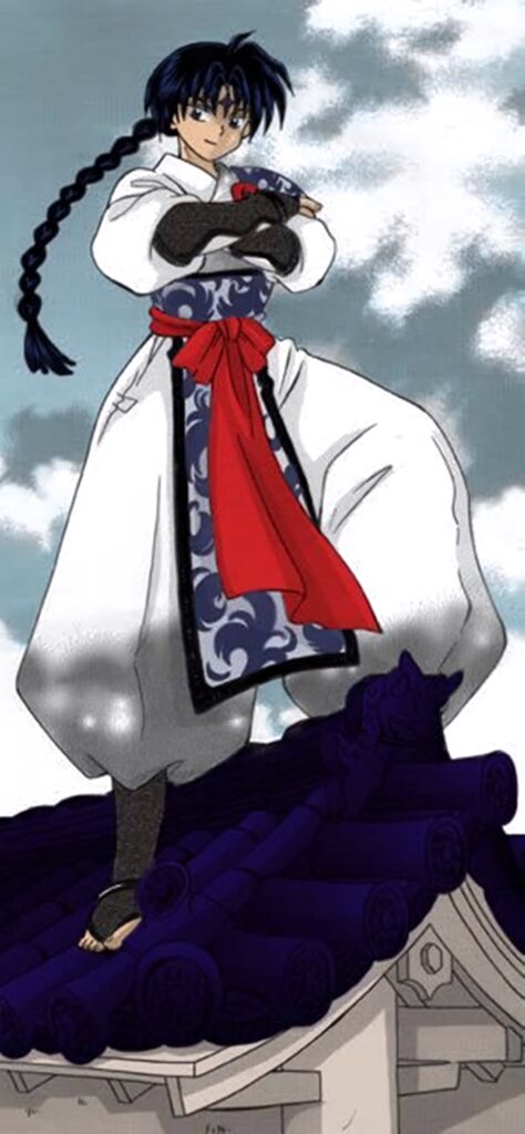 Bankotsu leader of Band of Seven on rooftop with clouds showing commanding presence wallpaper
