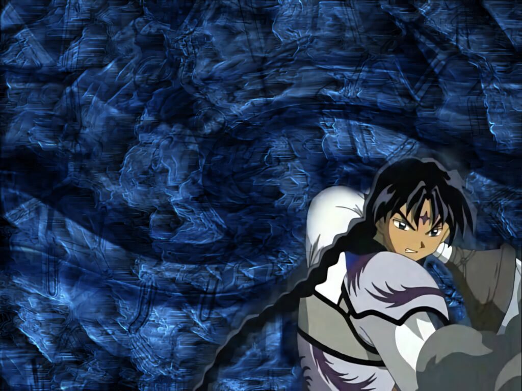 Bankotsu with Banryū sword ready for battle on dynamic swirling blue wallpaper background