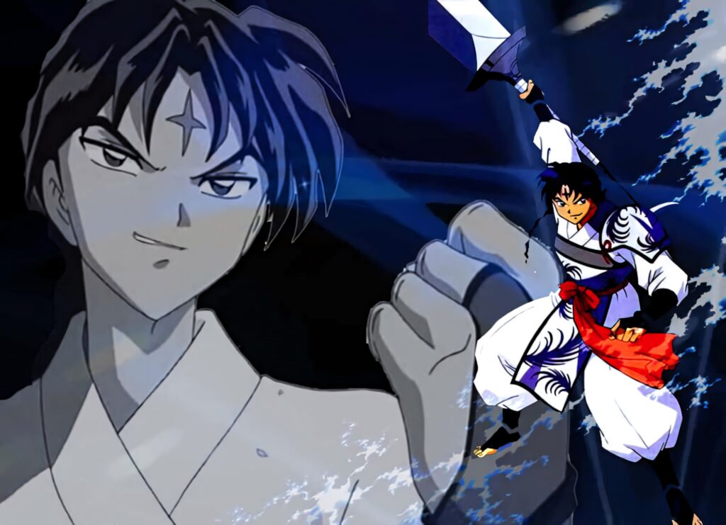 Bankotsu InuYasha anime character with confident expression and weapon blue dark wallpaper