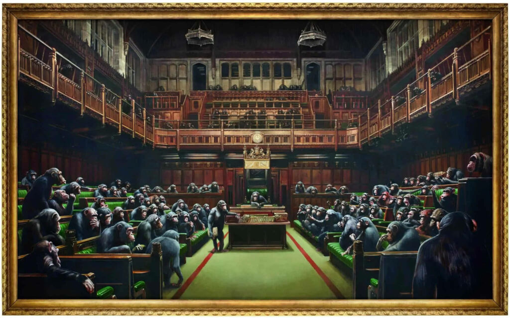 Banksy Devolved Parliament painting wallpaper with chimpanzees as politicians in House of Commons