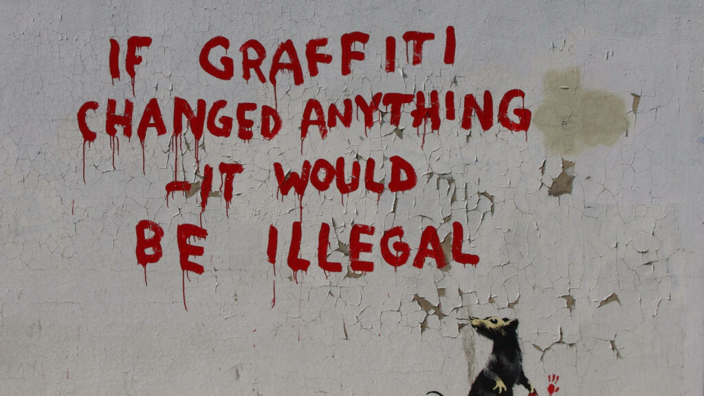 Banksy graffiti artwork with red quote If graffiti changed anything and rat holding paintbrush Wallpaper