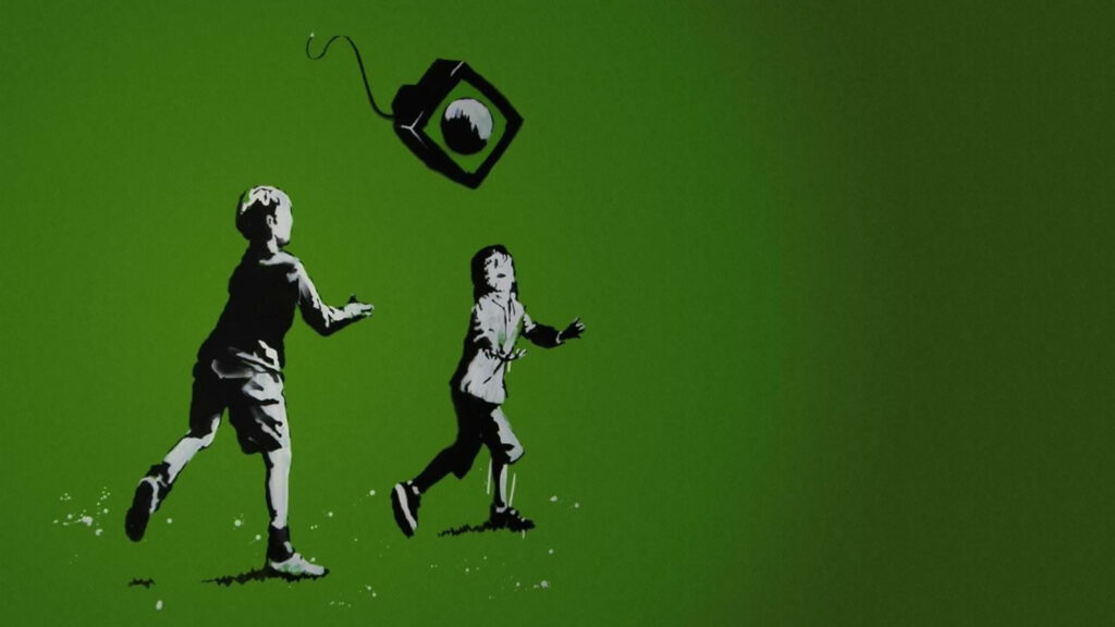Banksy graffiti of children reaching for falling TV on vivid green background symbolizing media impact Wallpaper