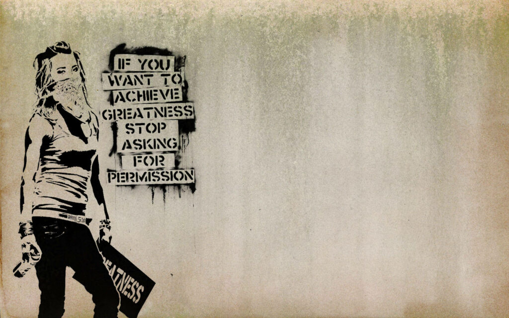 Banksy style stencil art of rebellious figure with briefcase and motivational urban graffiti wallpaper