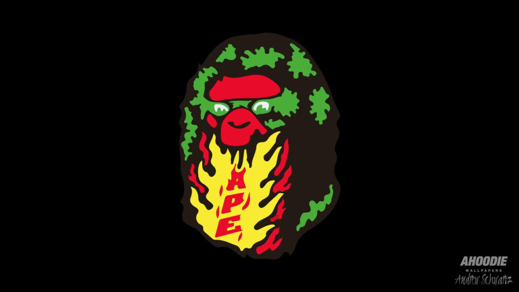 BAPE Graphic Tee Design: Camo Ape Face in Green with Fiery Red-Yellow BAPE Logo on Black Background Wallpaper