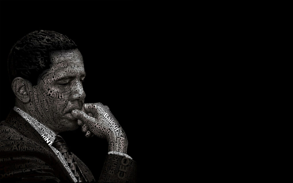 Barack Obama calligram art wallpaper thoughtful portrait made of meaningful words on black background