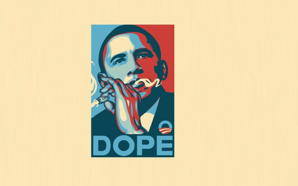 Pop art wallpaper of Barack Obama in red blue beige holding cigarette with swirling smoke and DOPE text