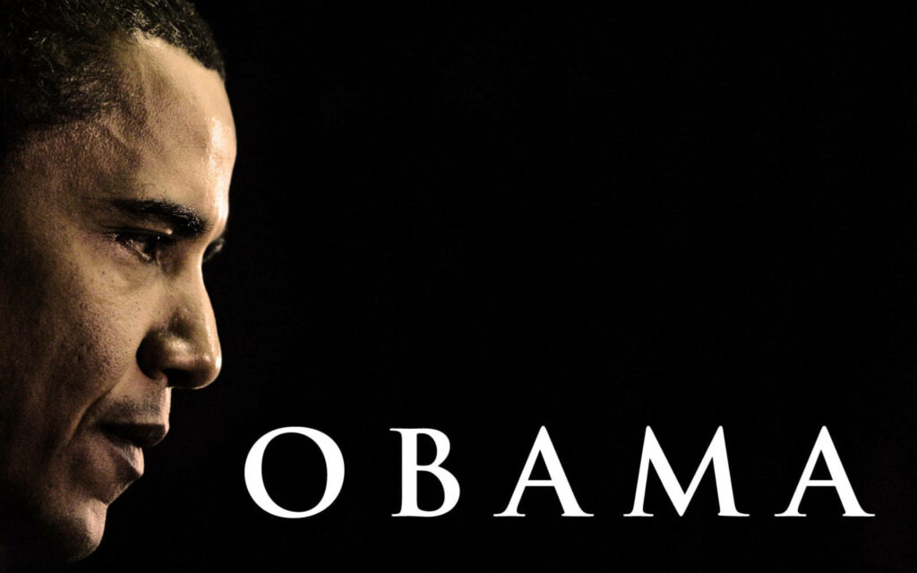 Barack Obama side profile portrait wallpaper with bold white name on dark background leadership
