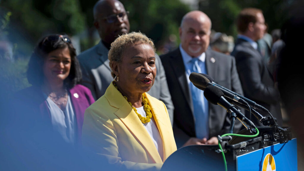 Prominent politician Barbara Lee in vibrant yellow suit addressing media outdoors with supporters Wallpaper