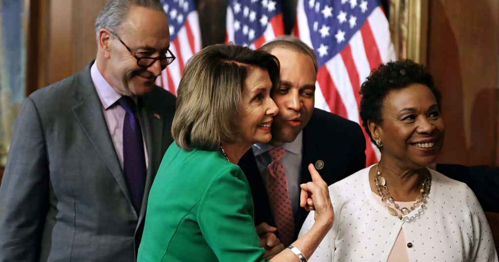 Barbara Lee smiling with leaders and American flags in background symbolizing unity and collaboration Wallpaper