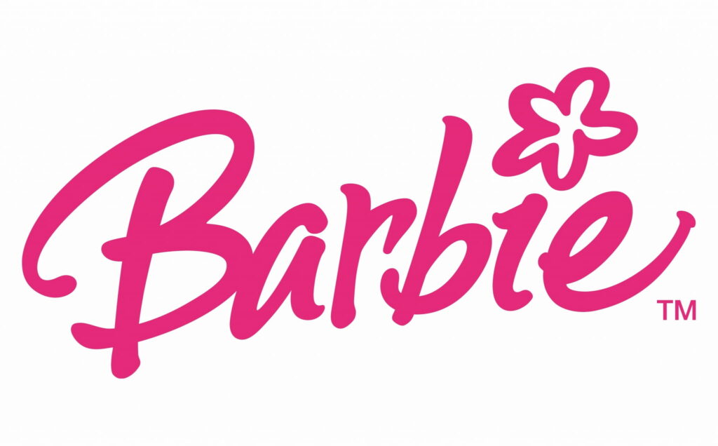 Barbie logo wallpaper vibrant pink cursive on white background with classic flower detail
