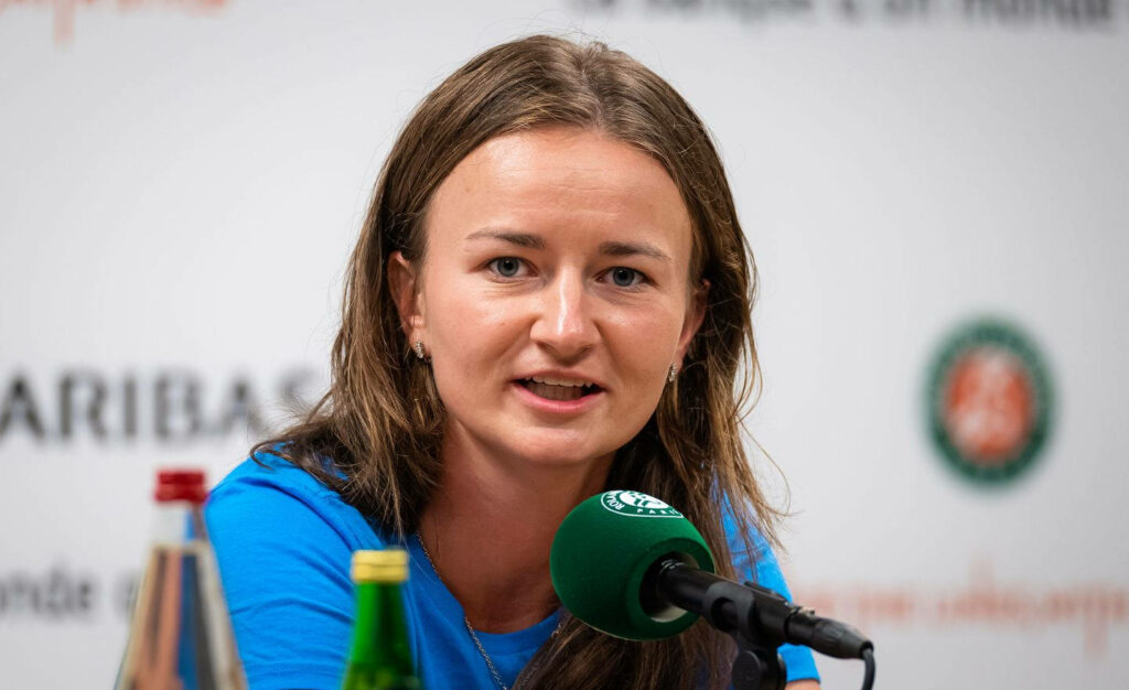 Barbora Krejcikova tennis player focused confident during press conference interview wallpaper background