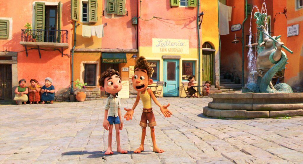 Barefoot Adventures: Alberto and Luca Engage in Heartwarming Conversations within a Lively Village - Pixar's Luca Wallpaper