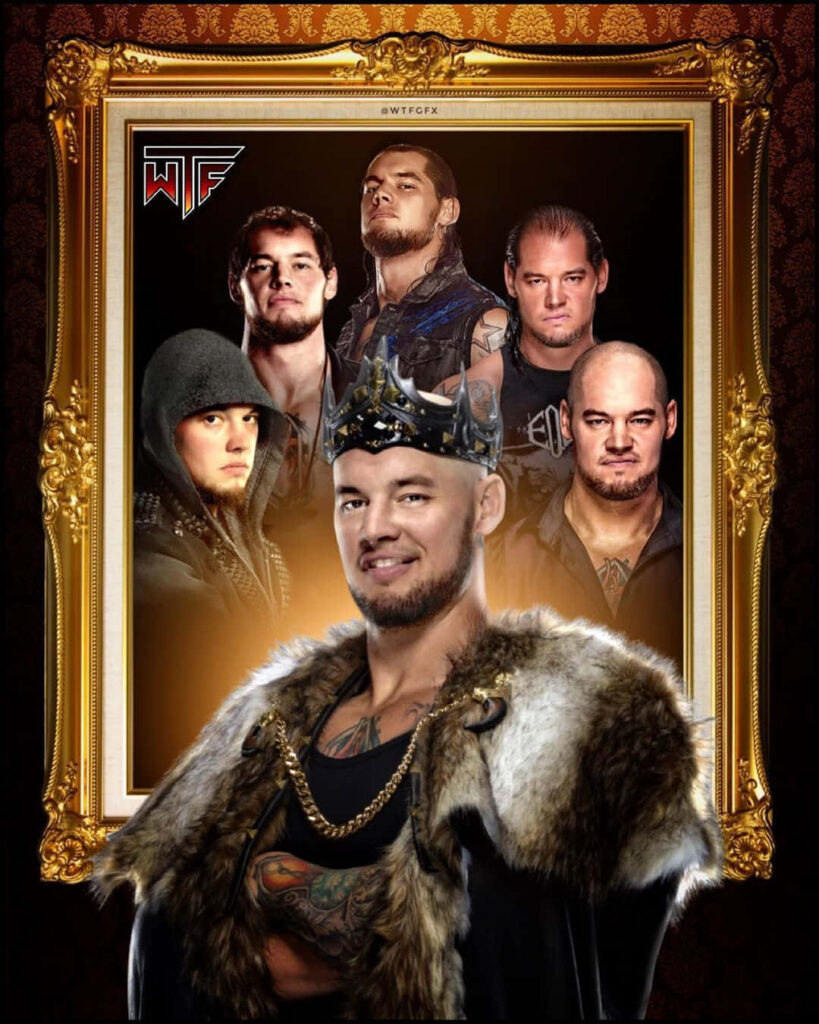 Baron Corbin wrestler evolution wallpaper showing his career looks in an ornate frame background