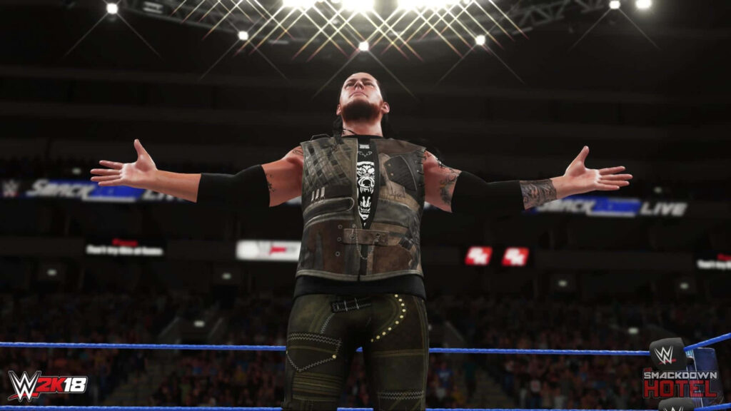 Baron Corbin in Smackdown 2K18 ring intense pose under bright arena lights wallpaper background