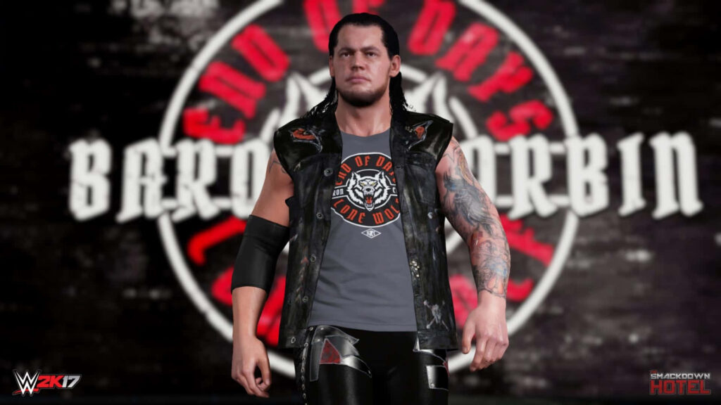 Baron Corbin WWE 2K17 video game character with dramatic signature logo wallpaper background