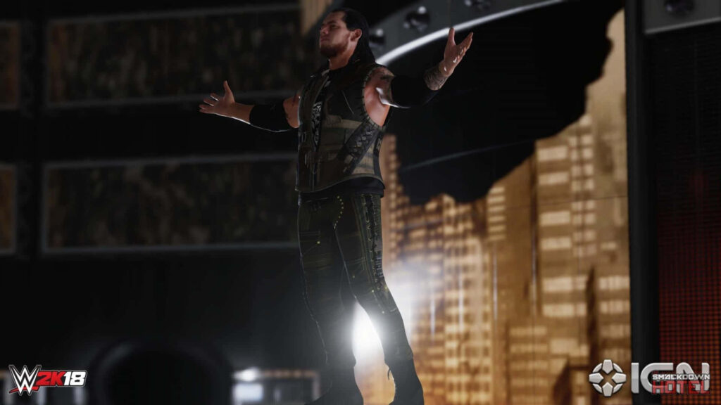 Baron Corbin WWE 2K18 entrance pose with arms outstretched dramatic lighting wallpaper background