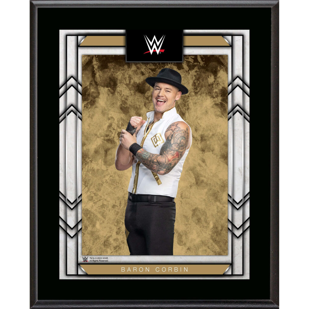 WWE wrestler Baron Corbin confident pose against gold textured background with metallic frame Wallpaper