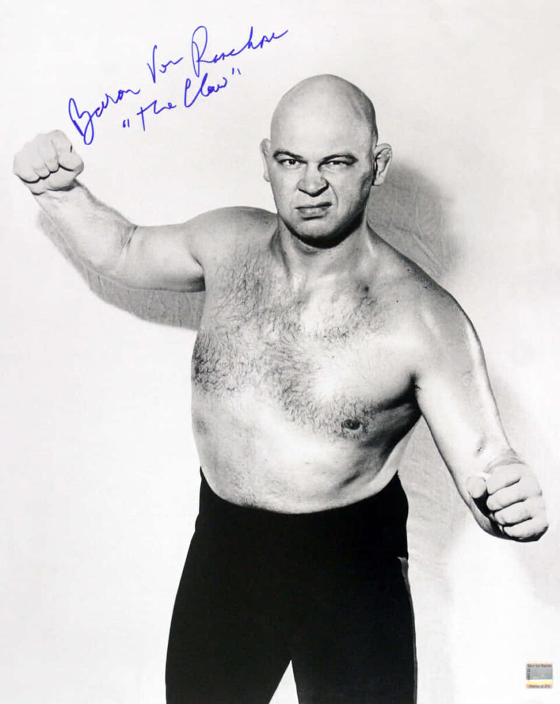 Grayscale signed portrait of American wrestler Baron Von Raschke in classic fighting pose wallpaper