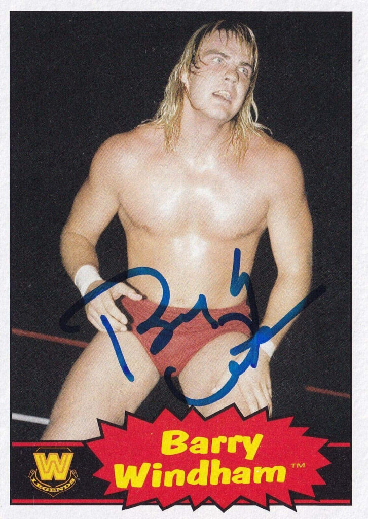 Classic Barry Windham wrestling card wallpaper showing athletic pose and bold blue signature