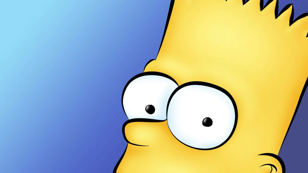 Closeup of Bart Simpson with yellow skin and spiky hair on smooth blue gradient wallpaper