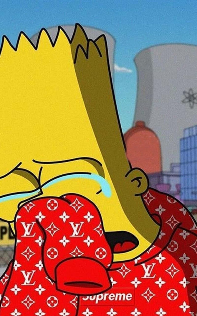 Bart Simpson crying in red Supreme Louis Vuitton hoodie near Springfield power plant wallpaper
