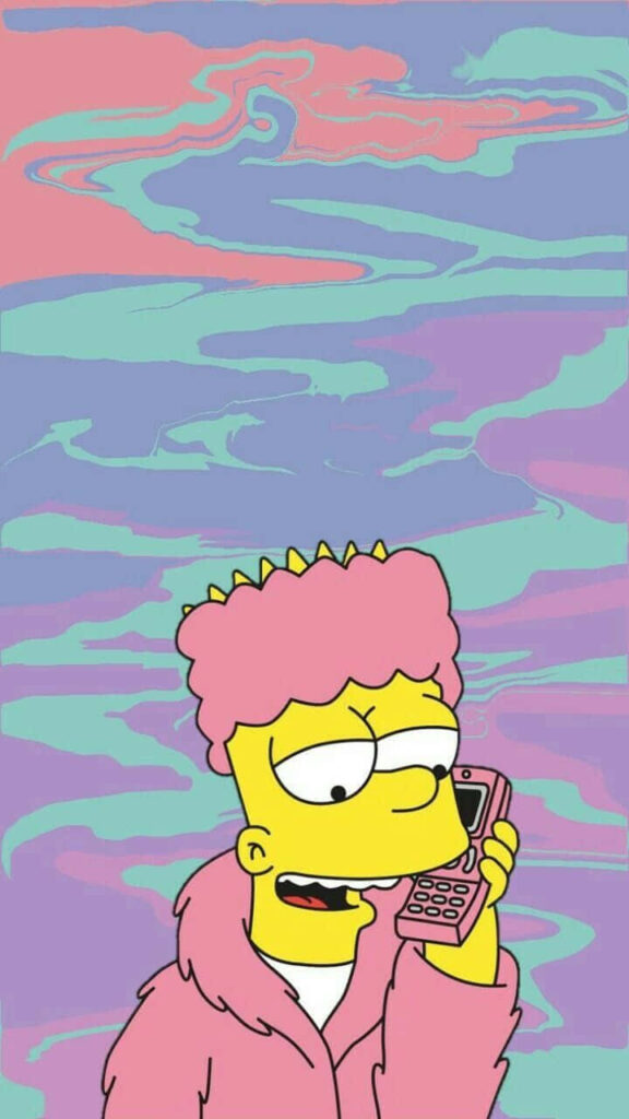 Bart Simpson in fluffy pink robe and hair on phone with pastel trippy pink purple blue background Wallpaper