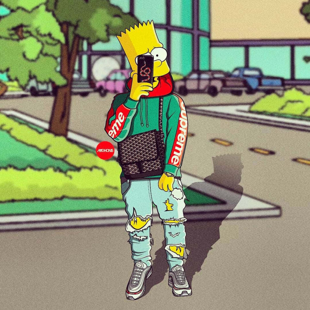 Bart Simpson selfie street style wearing Supreme hoodie ripped jeans trendy wallpaper background