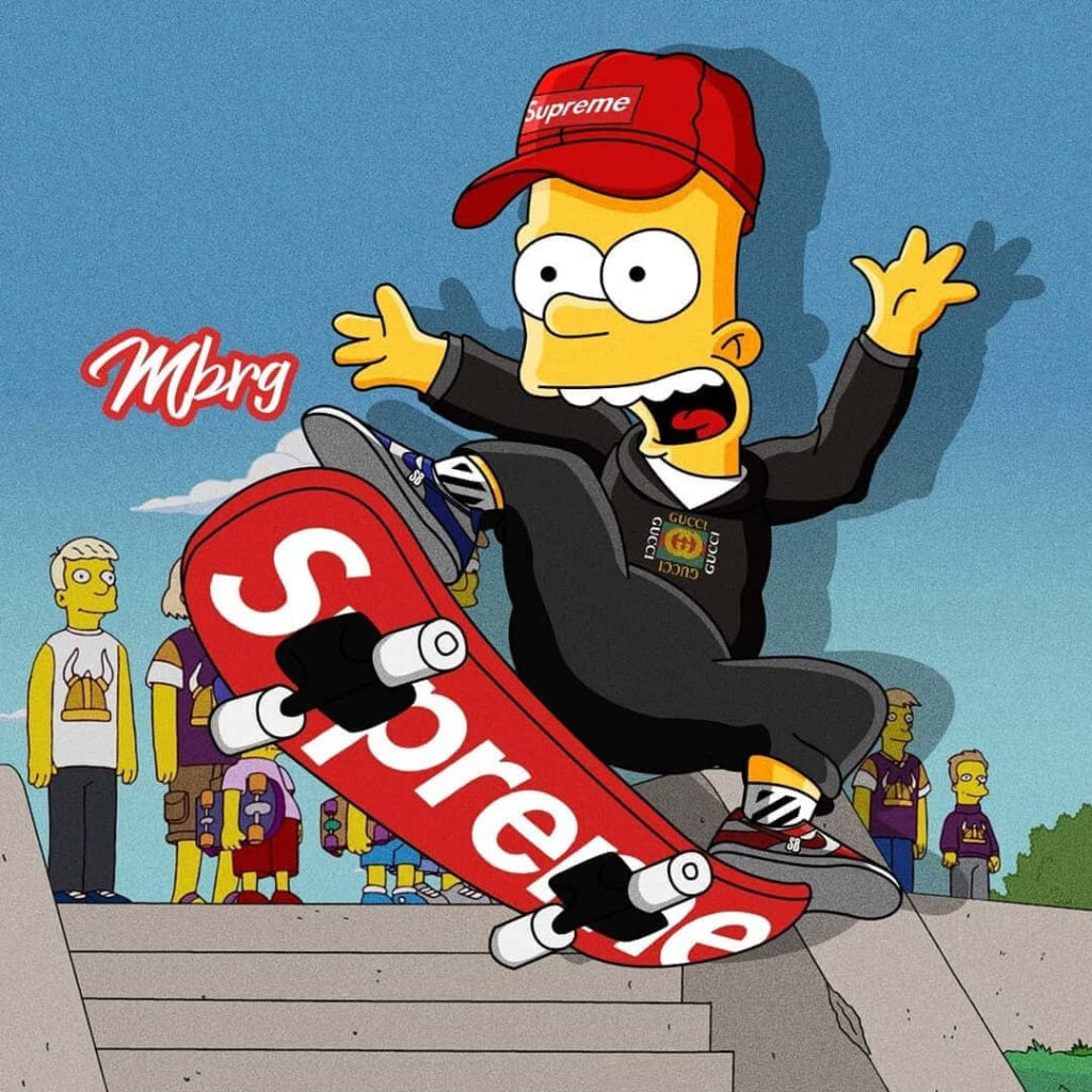 Bart Simpson skateboards wearing Supreme gear performing trick on Supreme skateboard vibrant wallpaper