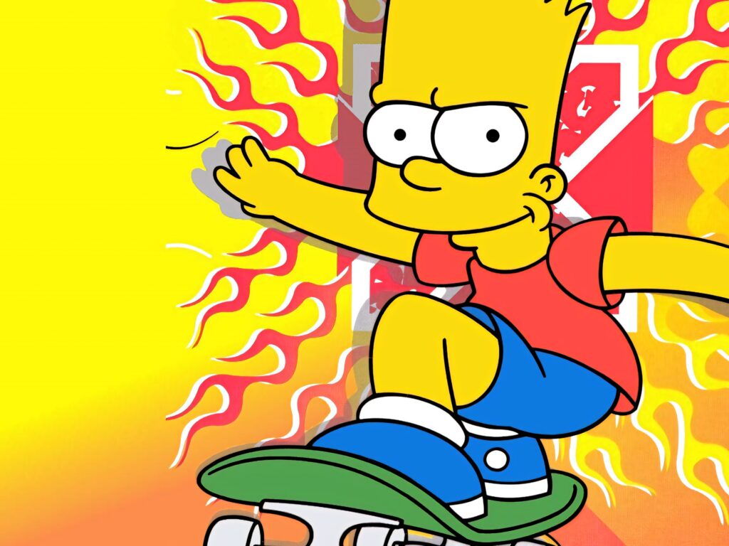 Bart Simpson skateboarding with fiery colorful background vibrant energetic wallpaper design