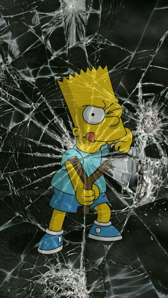 Bart Simpson with slingshot and mischievous grin against shattered glass broken screen wallpaper