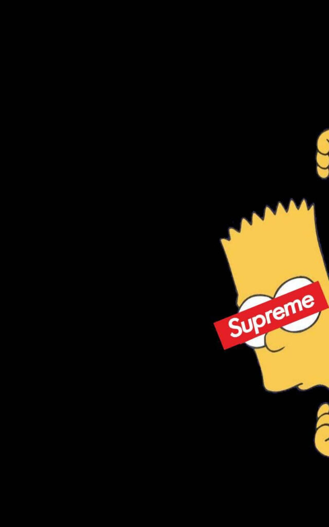 Bart Simpson peeks with Supreme logo over eyes on black background trendy wallpaper design