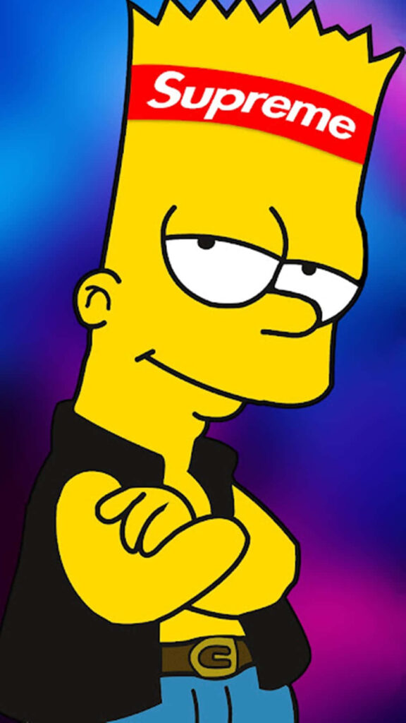 Bart Simpson wearing Supreme crown standing confidently with arms crossed colorful wallpaper