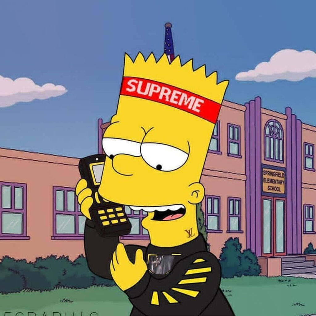 Bart Simpson outside Springfield Elementary wearing red Supreme headband holding mobile phone wallpaper