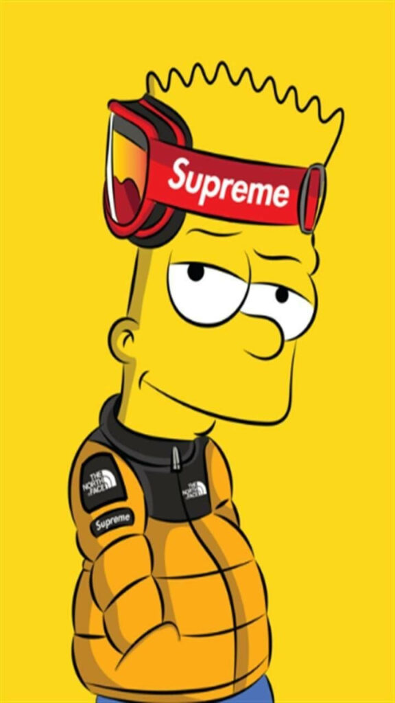 Bart Simpson wearing Supreme headband and North Face jacket bright yellow cartoon wallpaper