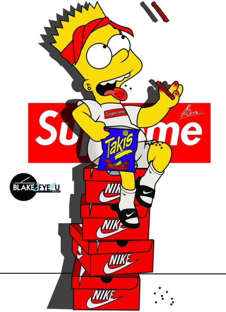 Bart Simpson cartoon sitting on Nike boxes wearing Supreme snacks on Takis Supreme background Wallpaper